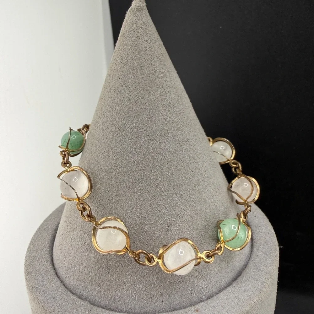 Vintage‎ Stone Bracelet Caged Wire Wrapped Silver Tone  7